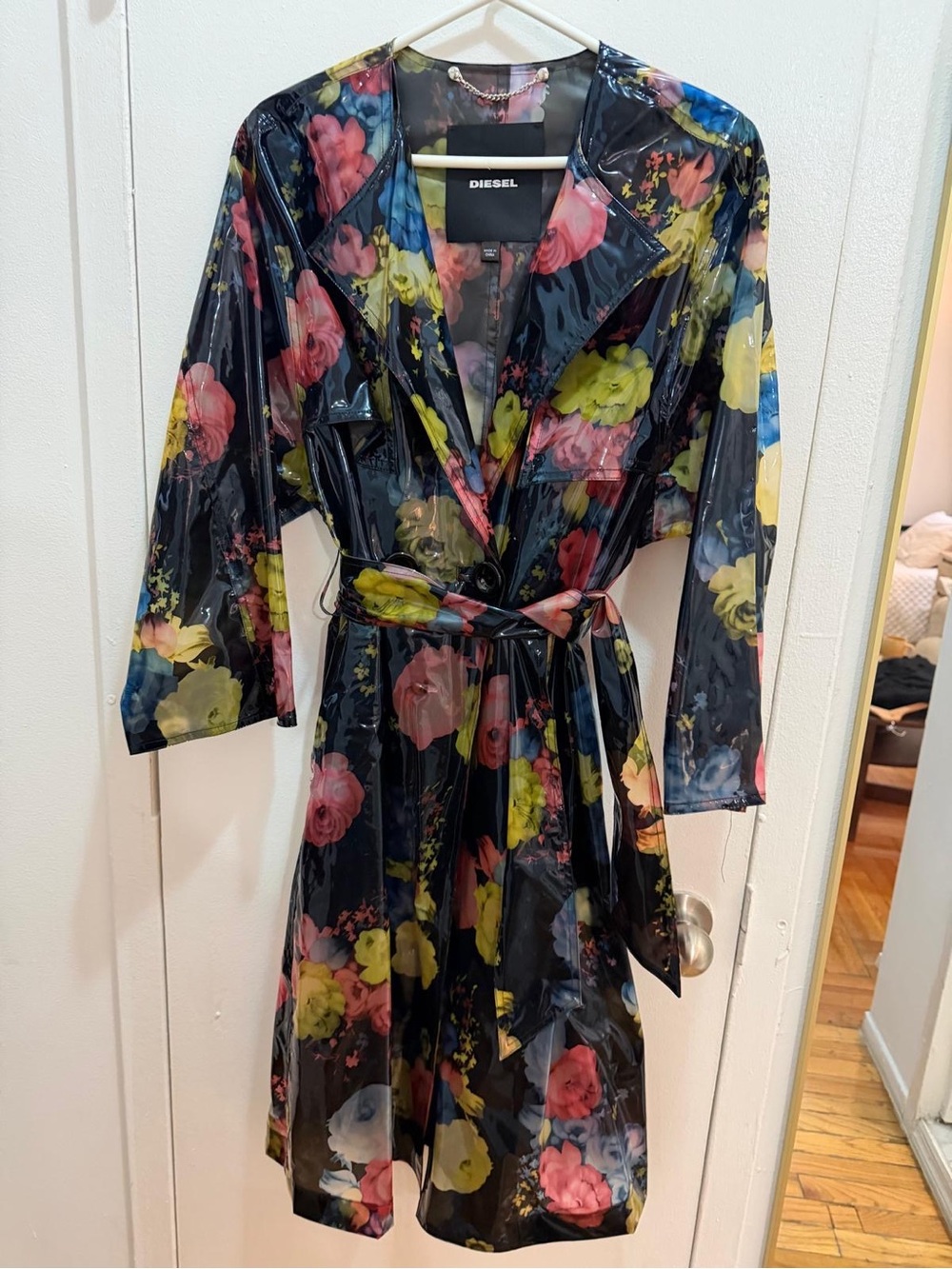 Diesel Navy Floral Vinyl Trench Robe with Belt